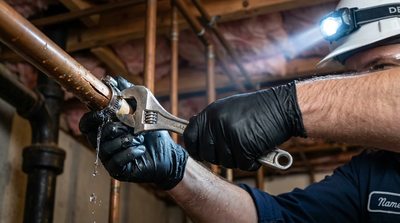 Emergency pipe clamp repair being performed by a Johns Plumbing LLC plumber in Big Spring