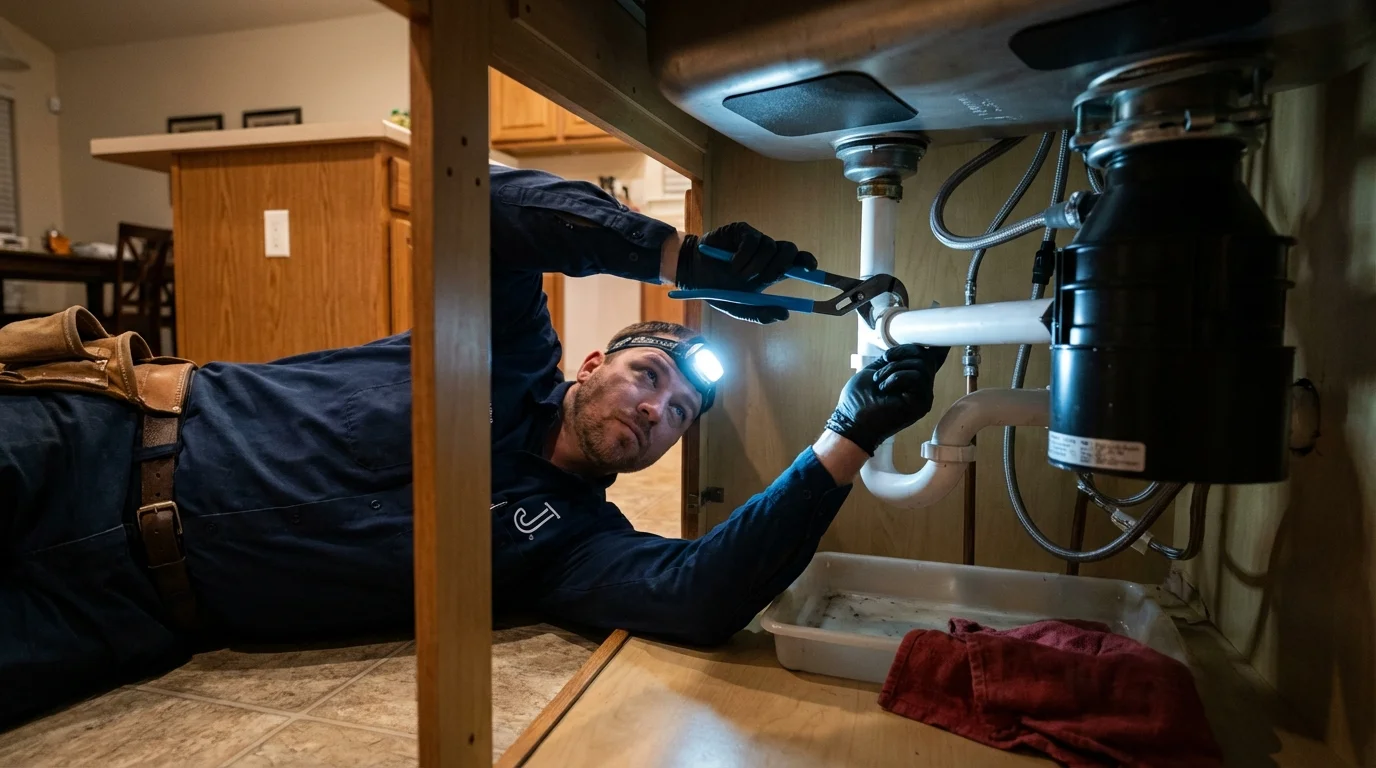 P-trap and supply line connections under a kitchen sink showing a common leak point in Big Spring, TX
